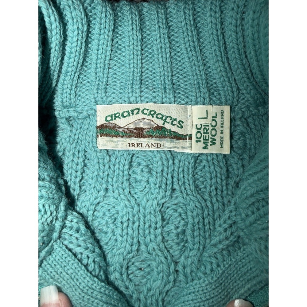 Aran Crafts Ireland Cable Knit Wool Sweater Women's L Half Zip Turquoise - Picture 2 of 4